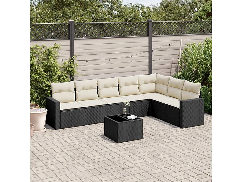 Salon de jardin 8 pcs avec coussins noir résine tressée