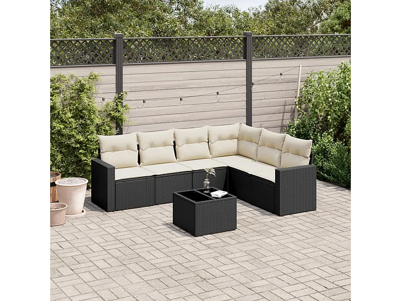7-delige Loungeset met kussens poly rattan zwart