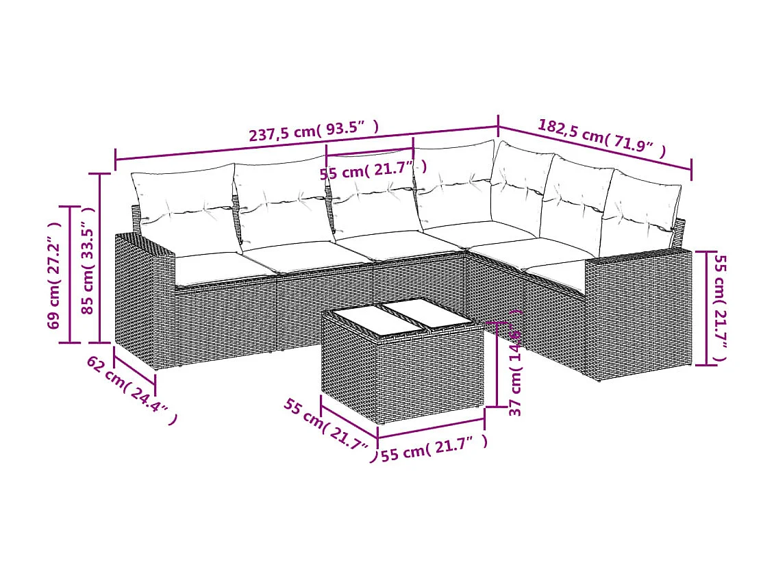 7-delige Loungeset met kussens poly rattan zwart