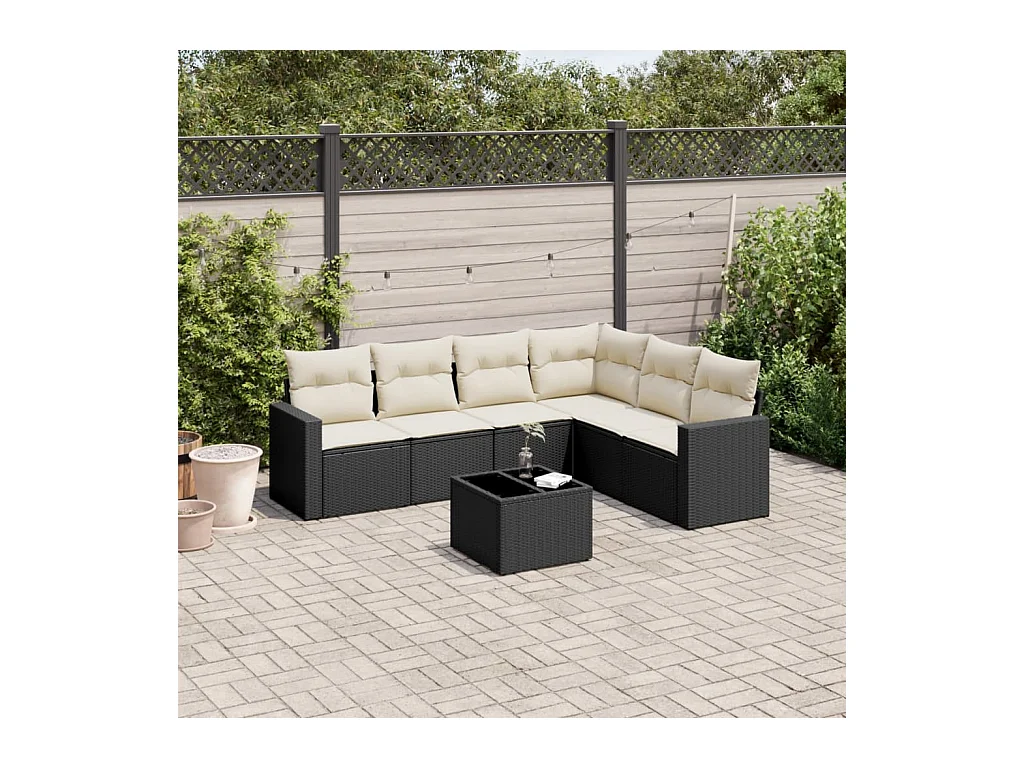 7-delige Loungeset met kussens poly rattan zwart
