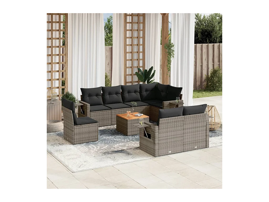 Set Divano da Giardino 9 pz con Cuscini Grigio in Polyrattan