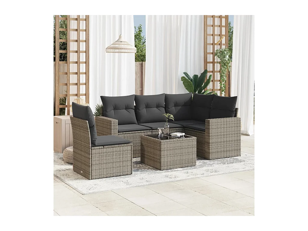 Salon de jardin 6 pcs avec coussins gris résine tressée