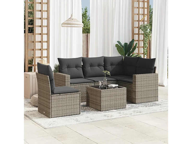Salon de jardin 6 pcs avec coussins gris résine tressée