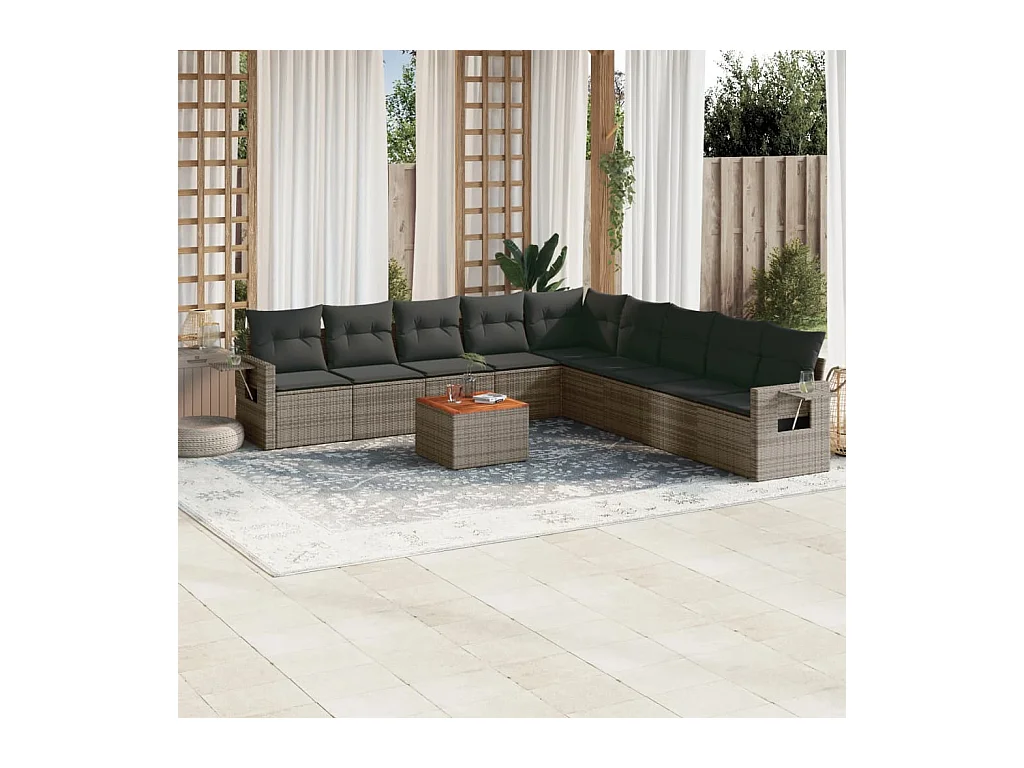 Salon de jardin avec coussins 10 pcs gris résine tressée