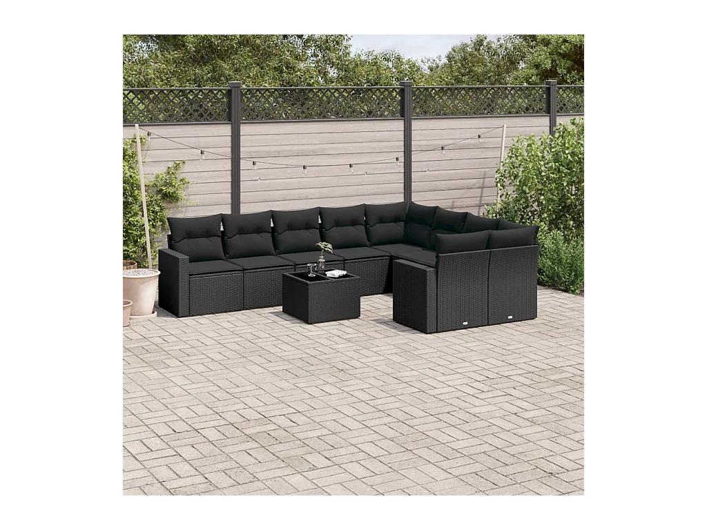 10-delige Loungeset met kussens poly rattan zwart