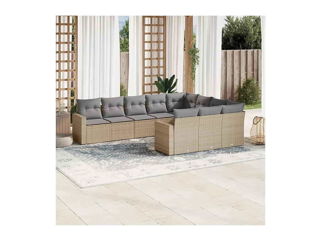 10-tlg. Garten-Sofagarnitur mit Kissen Beige Poly Rattan
