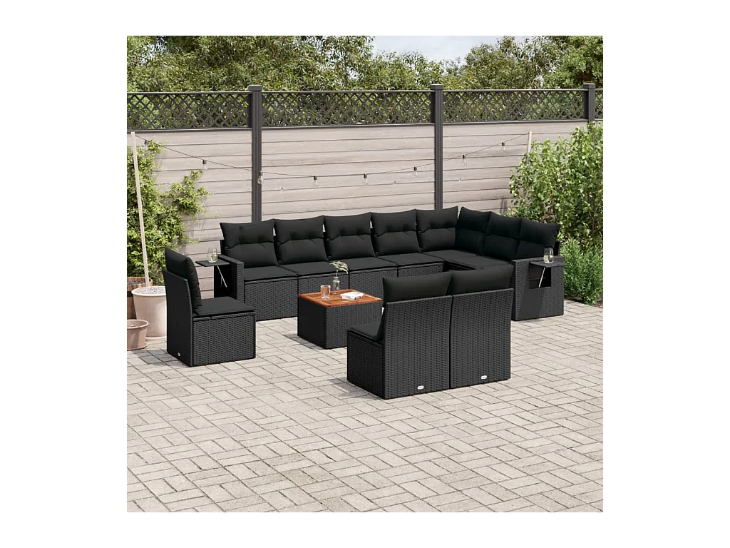 11-delige Loungeset met kussens poly rattan zwart