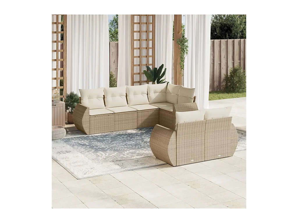 Set Divani da Giardino 7 pz con Cuscini Beige in Polyrattan