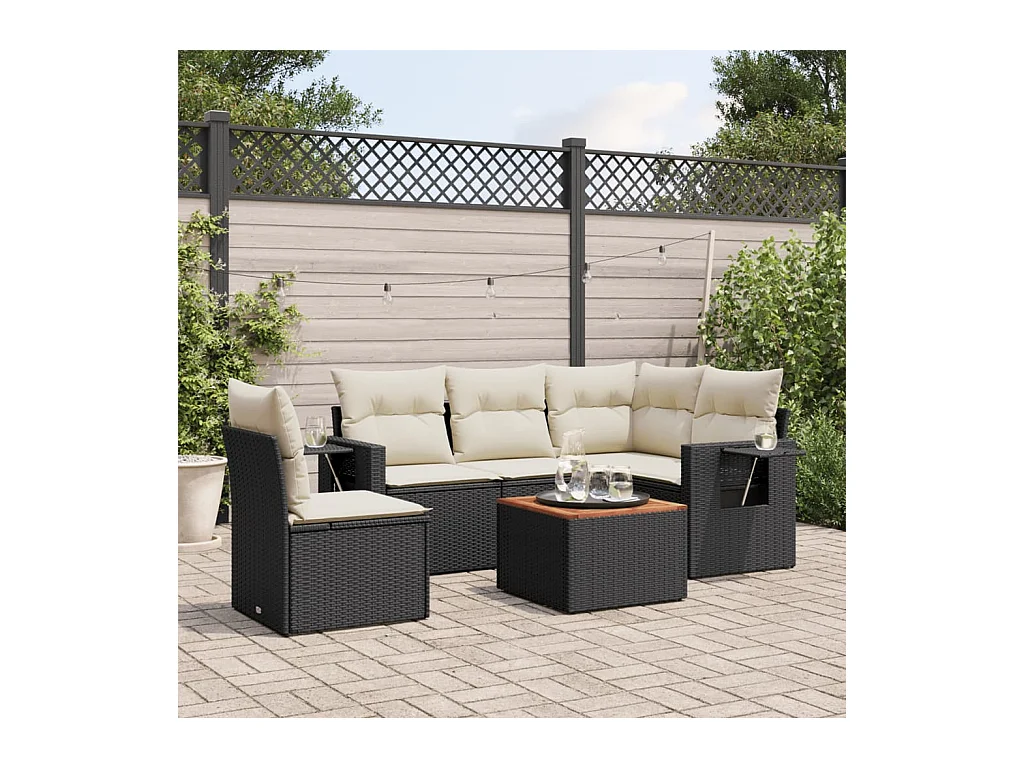 6-delige Loungeset met kussens poly rattan zwart