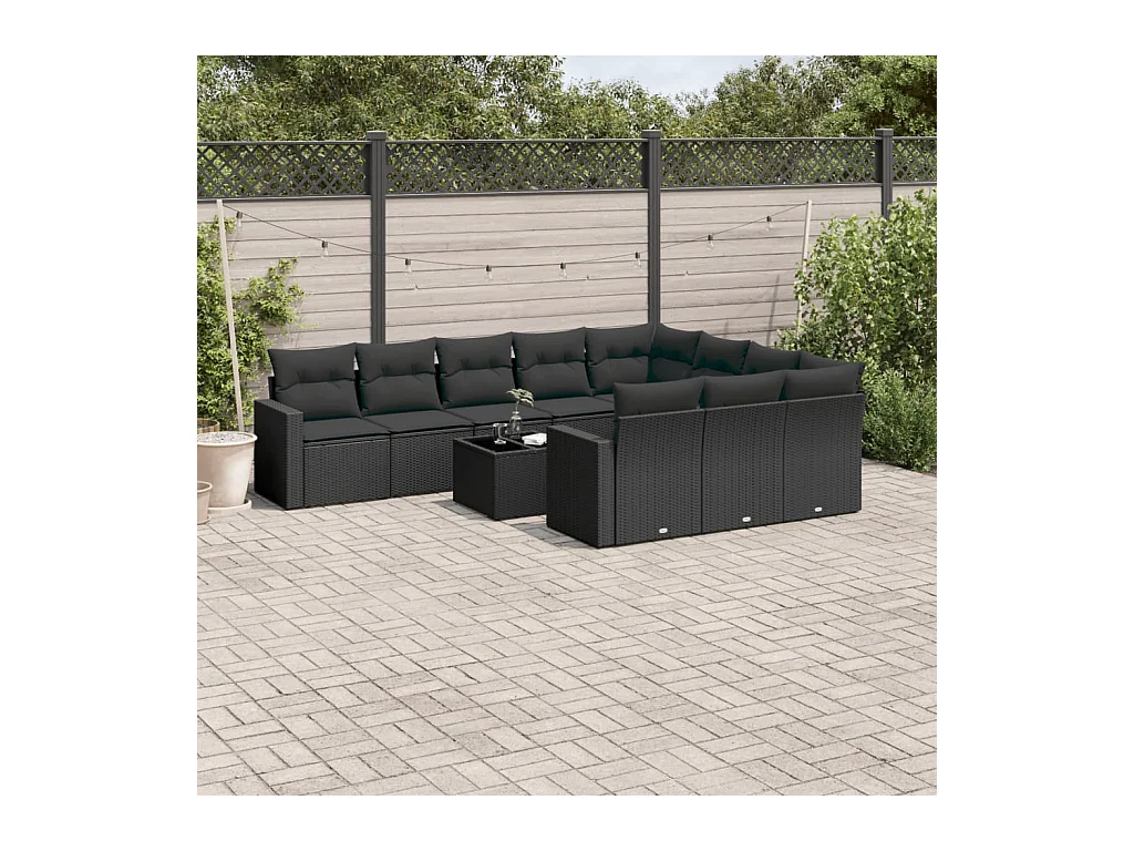 Set de sofás de jardín 11 pzas y cojines ratán sintético negro