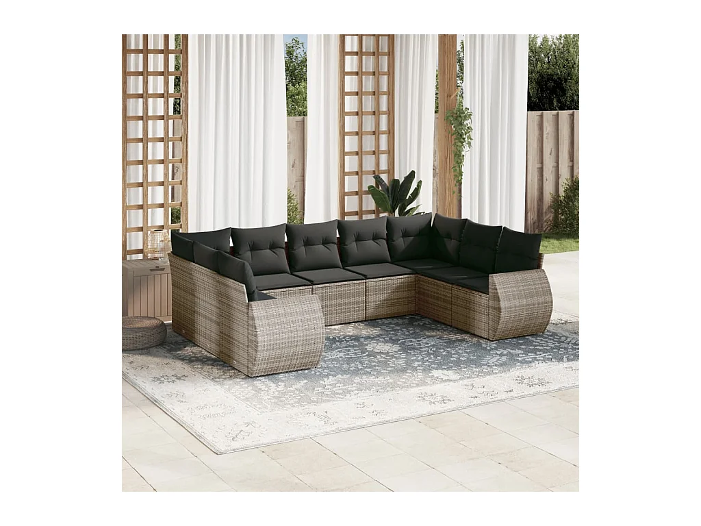 Set Divano da Giardino 9 pz con Cuscini Grigio in Polyrattan