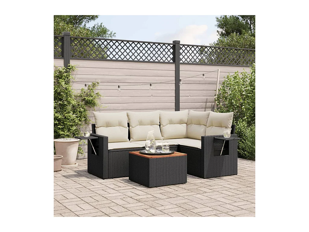 Salon de jardin 5 pcs avec coussins noir résine tressée