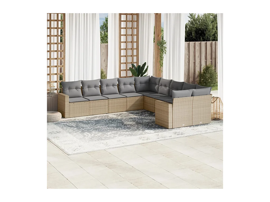 Salon de jardin avec coussins 10 pcs beige résine tressée