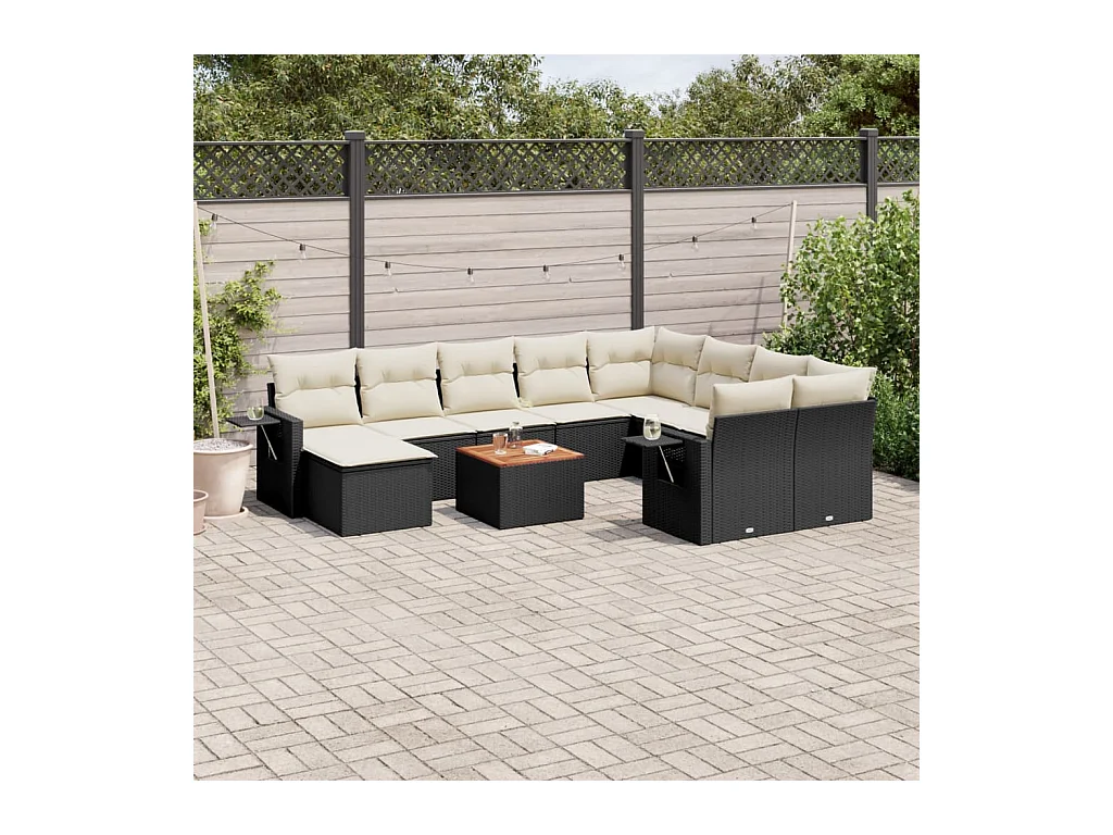 11-delige Loungeset met kussens poly rattan zwart