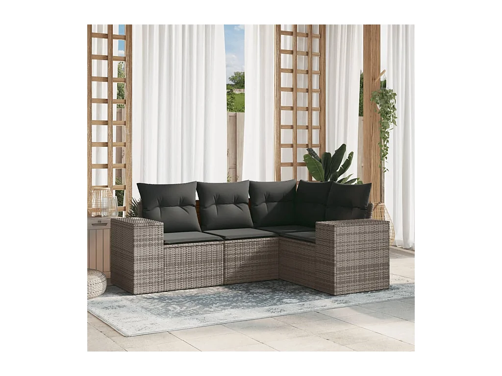Salon de jardin 4 pcs avec coussins gris résine tressée