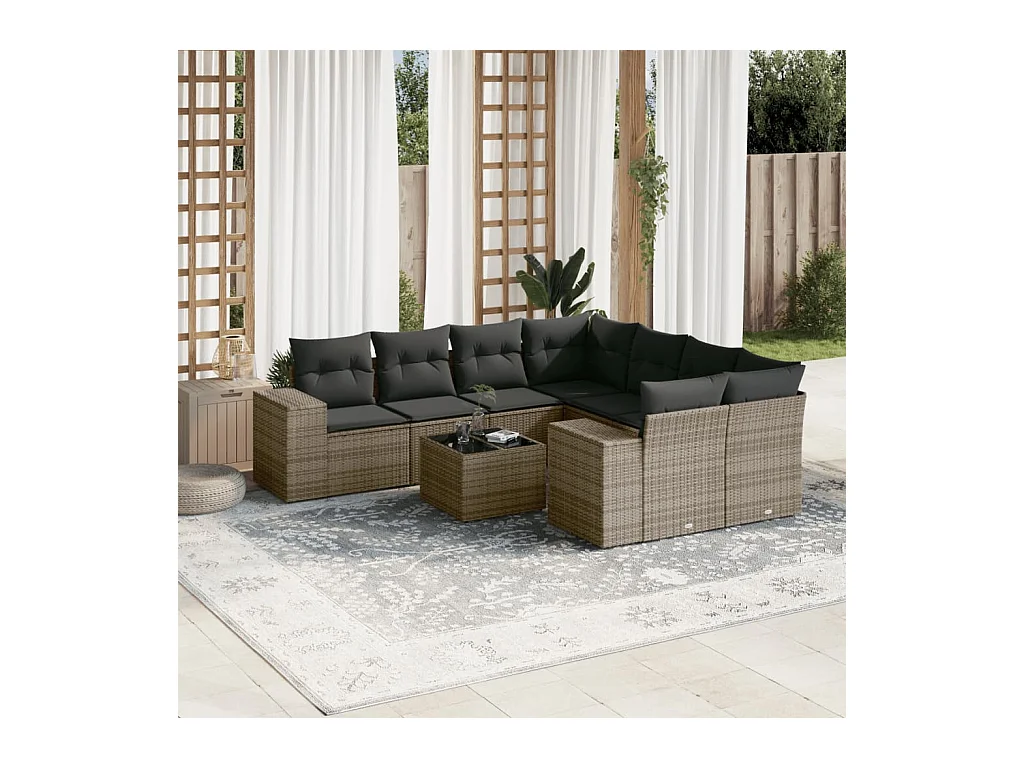 Set Divano da Giardino 9 pz con Cuscini Grigio in Polyrattan
