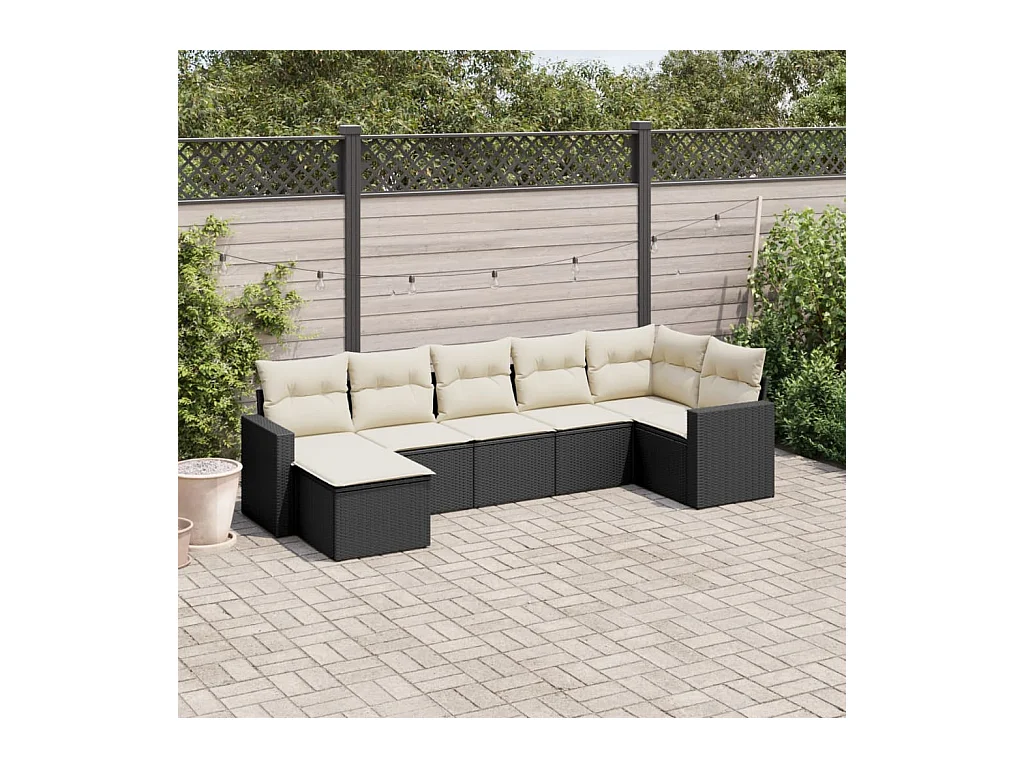 7-delige Loungeset met kussens poly rattan zwart