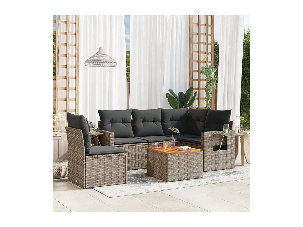 6-delige Loungeset met kussens poly rattan grijs