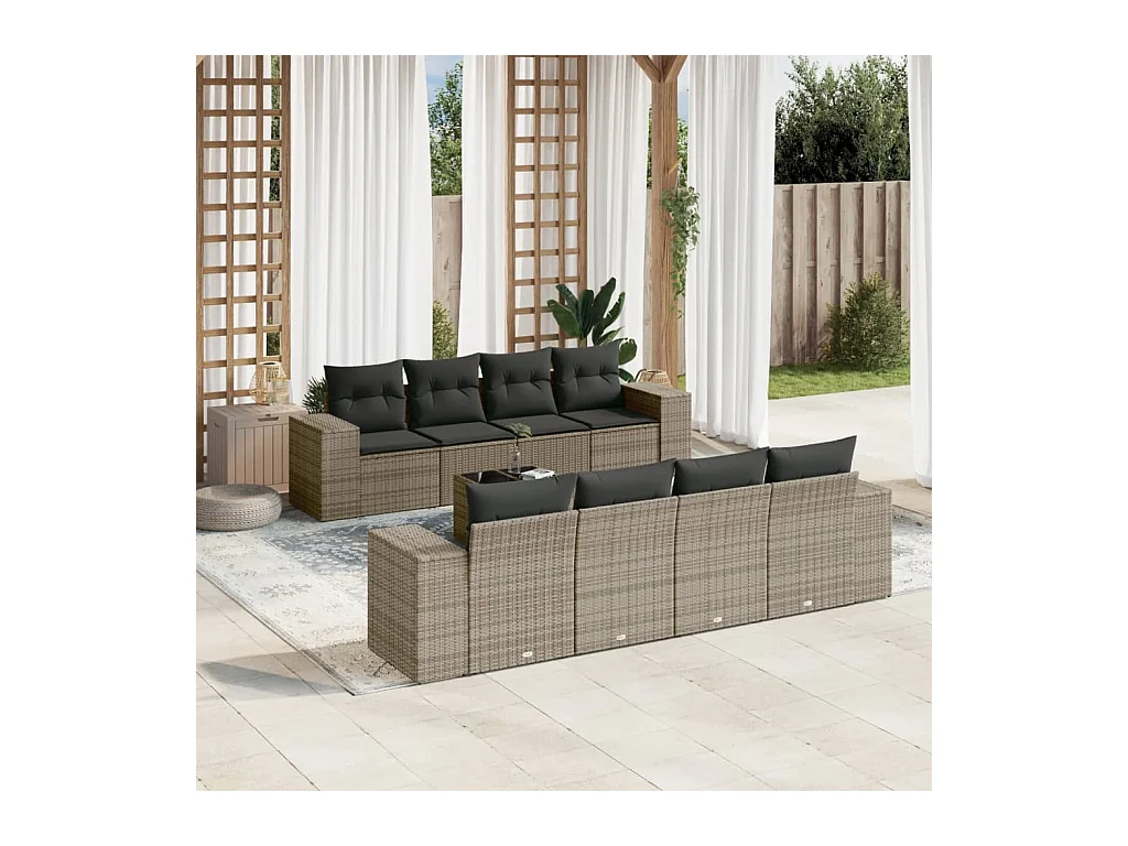 9-delige Loungeset met kussens poly rattan grijs