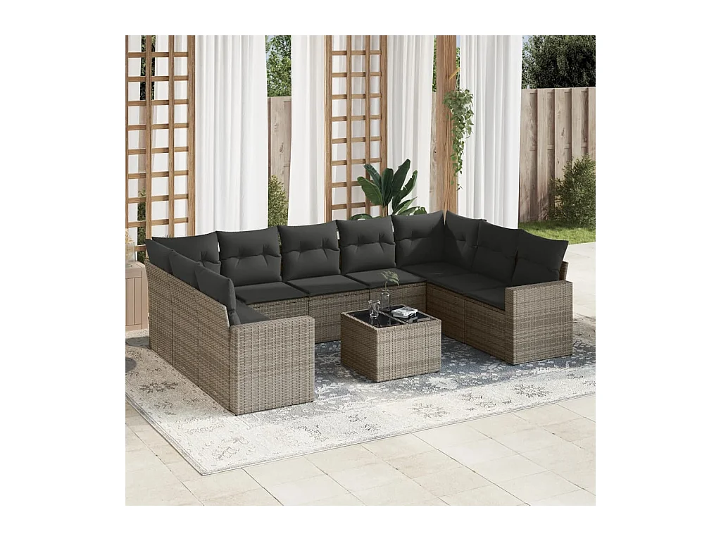 10-tlg. Garten-Sofagarnitur mit Kissen Grau Poly Rattan