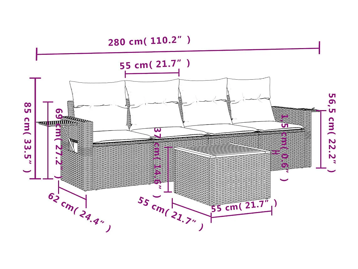 5-delige Loungeset met kussens poly rattan beige