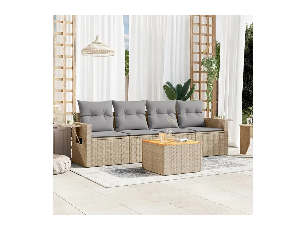 Salon de jardin avec coussins 5 pcs beige résine tressée