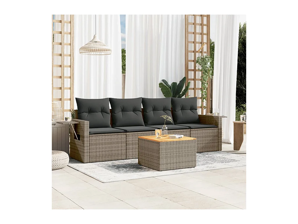 Salon de jardin 5 pcs avec coussins gris résine tressée