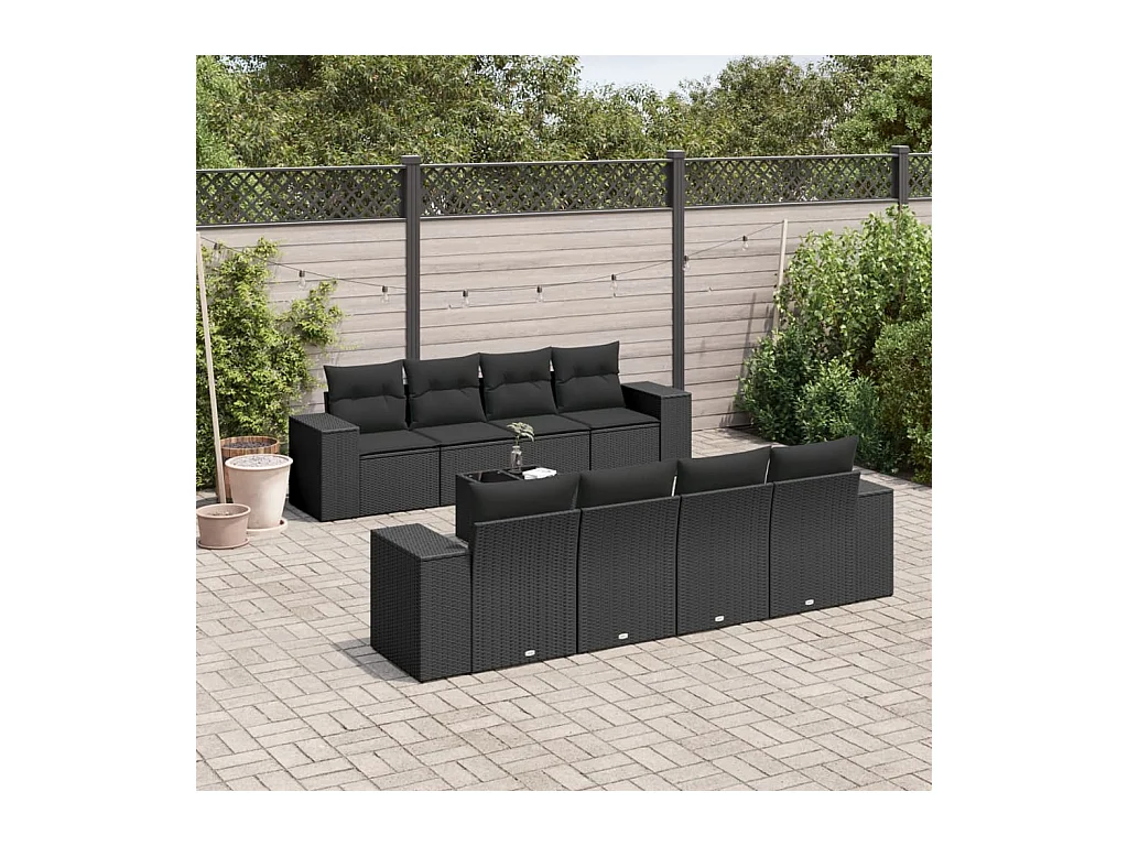 9-tlg. Garten-Sofagarnitur mit Kissen Schwarz Poly Rattan