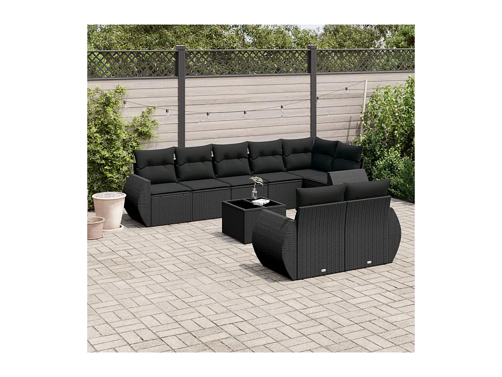 Salon de jardin 9 pcs avec coussins noir résine tressée