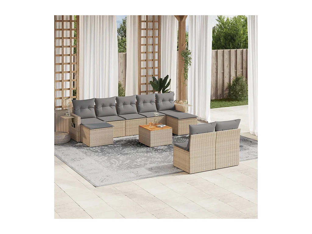 Salon de jardin avec coussins 10 pcs beige résine tressée