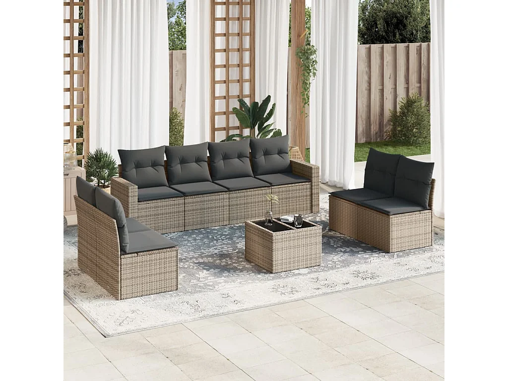 9-tlg. Garten-Sofagarnitur mit Kissen Grau Poly Rattan