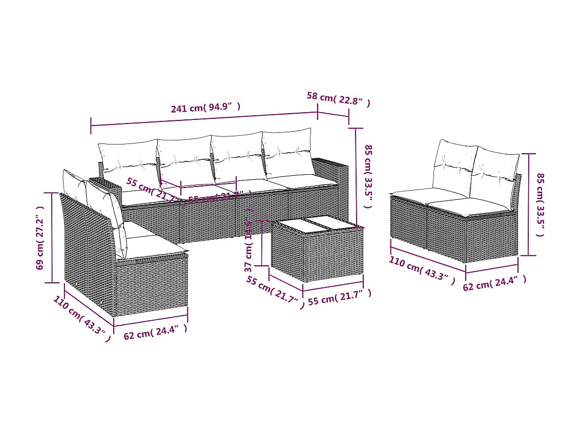 9-tlg. Garten-Sofagarnitur mit Kissen Grau Poly Rattan