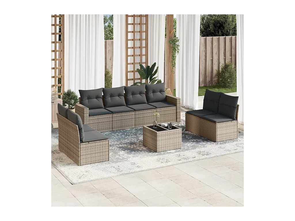 Set Divano da Giardino 9 pz con Cuscini Grigio in Polyrattan