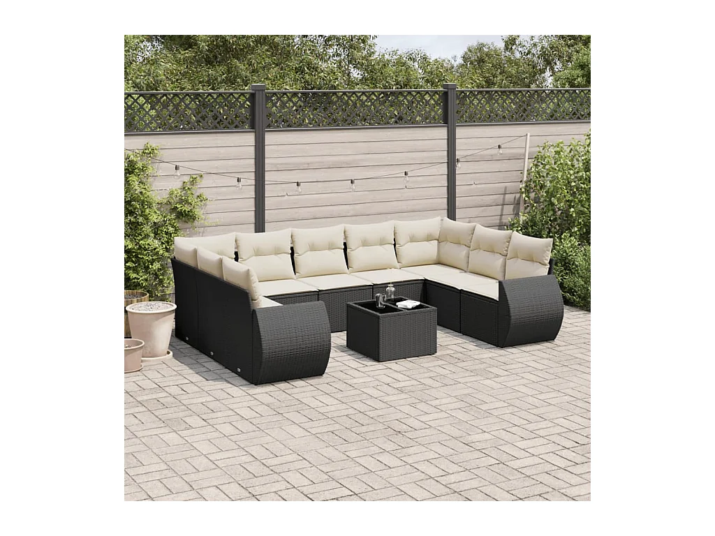 Salon de jardin 10 pcs avec coussins noir résine tressée