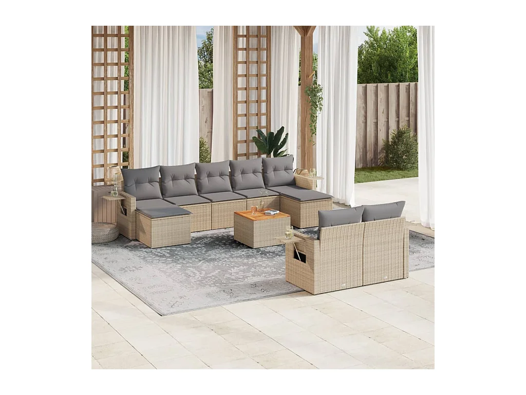 10-tlg. Garten-Sofagarnitur mit Kissen Beige Poly Rattan