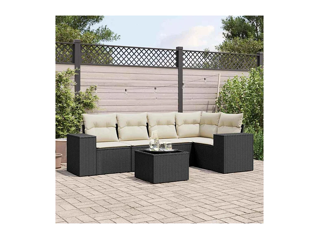 Salon de jardin 6 pcs avec coussins noir résine tressée