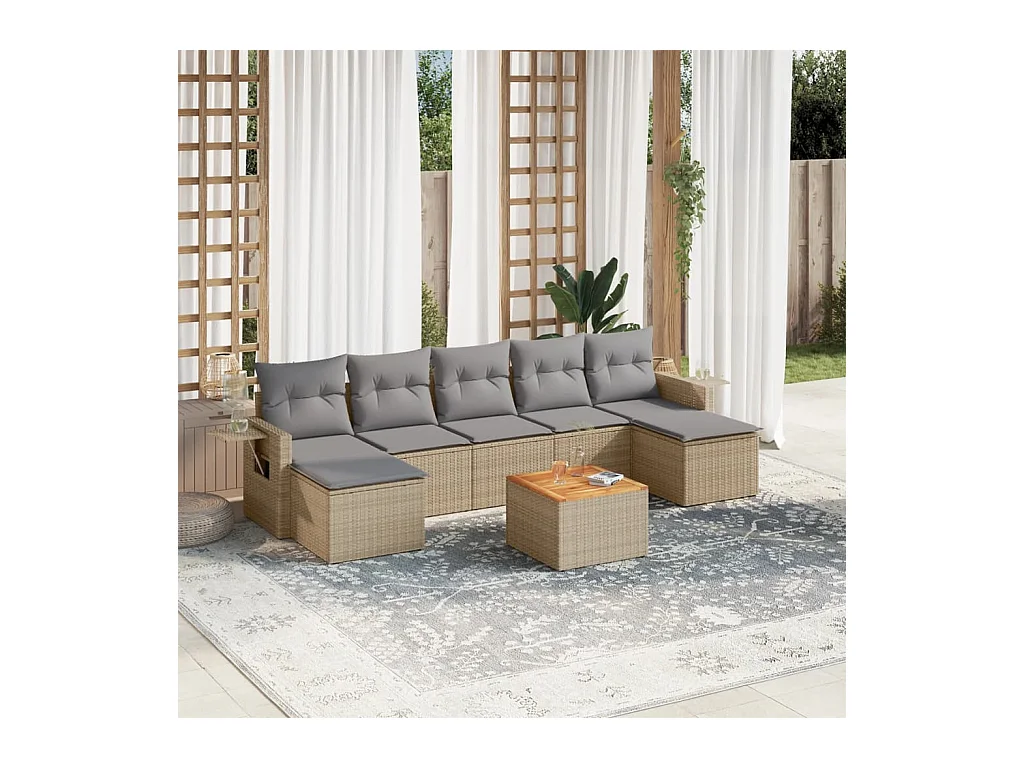 Set Divano da Giardino 8 pz con Cuscini Beige in Polyrattan