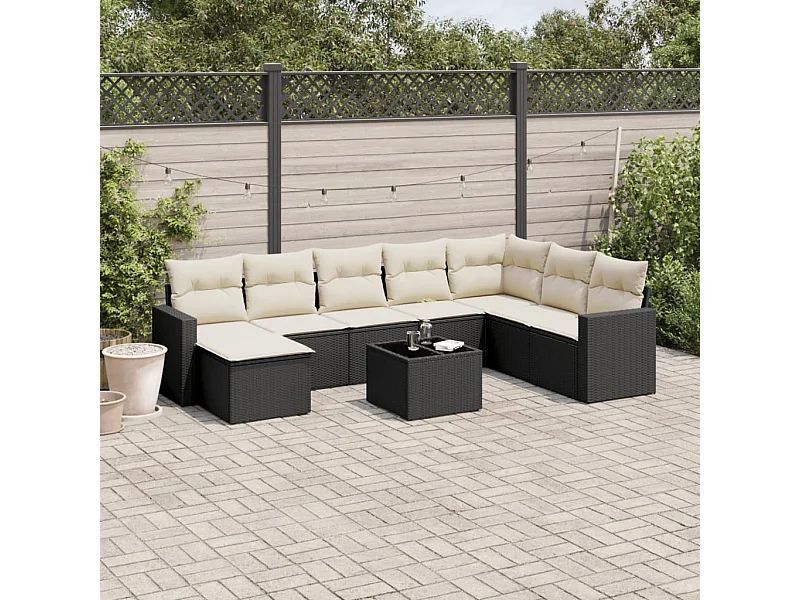 Set Divani da Giardino 9 pz con Cuscini Nero in Polyrattan
