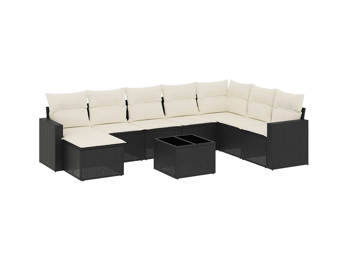 Salon de jardin 9 pcs avec coussins noir résine tressée