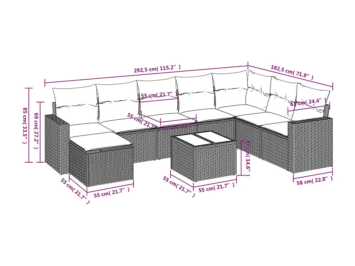 Salon de jardin 9 pcs avec coussins noir résine tressée