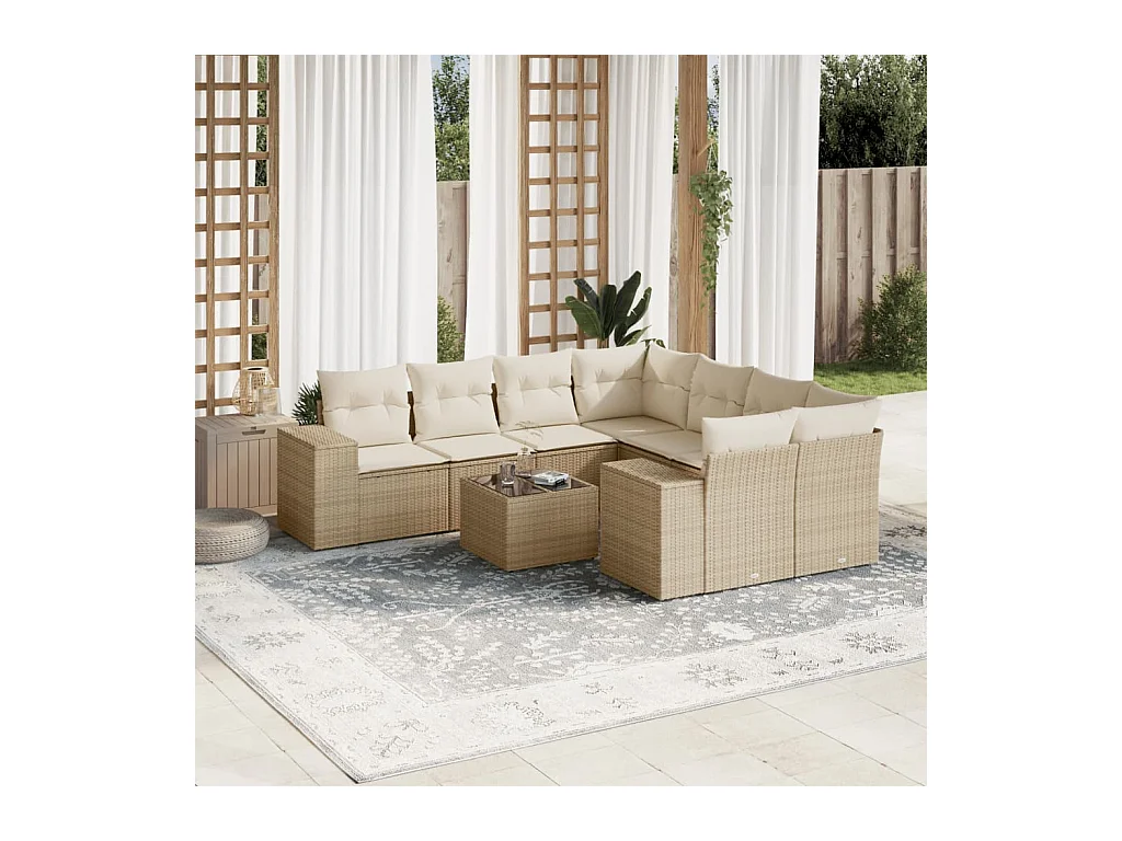 Set Divano da Giardino 9 pz con Cuscini Beige in Polyrattan