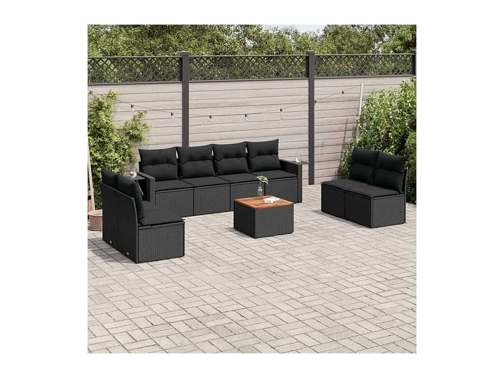 Salon de jardin 9 pcs avec coussins noir résine tressée