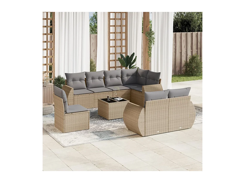 Salon de jardin avec coussins 9 pcs beige résine tressée