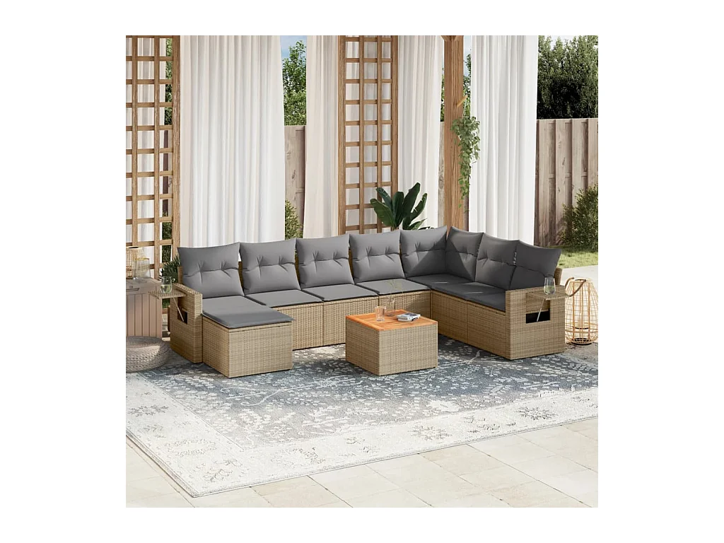 9-tlg. Garten-Sofagarnitur mit Kissen Beige Poly Rattan