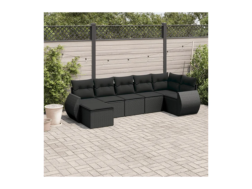 7-delige Loungeset met kussens poly rattan zwart