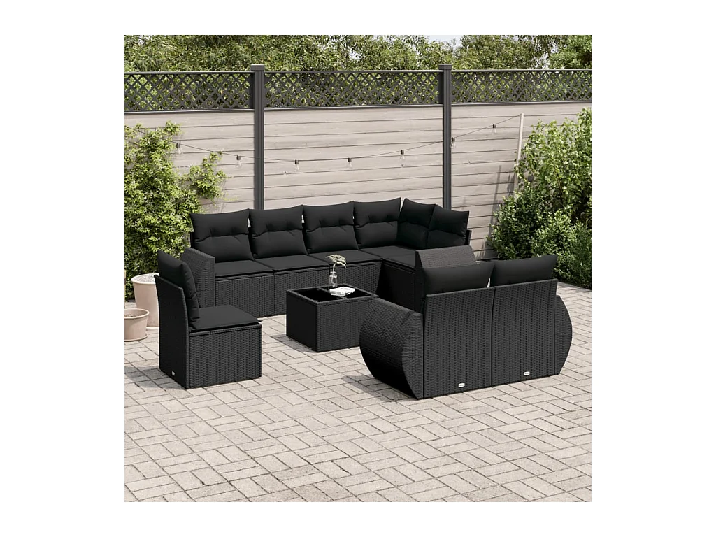 9-tlg. Garten-Sofagarnitur mit Kissen Schwarz Poly Rattan