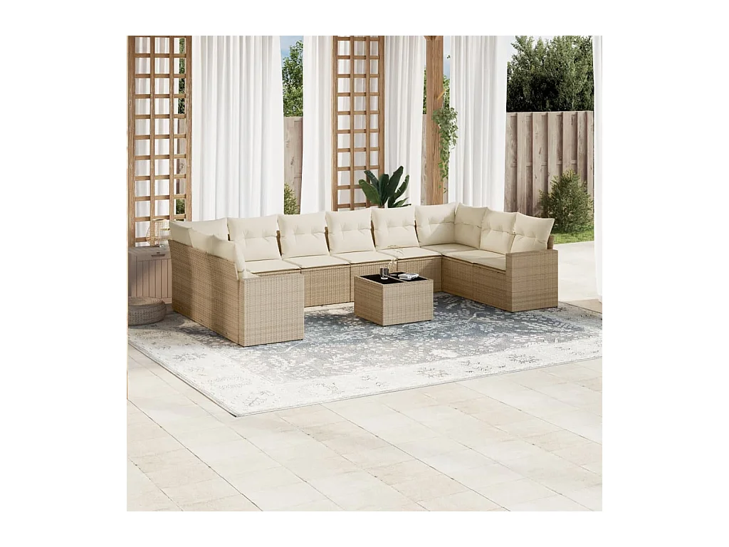 Salon de jardin 11 pcs avec coussins beige résine tressée