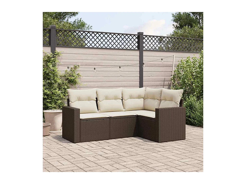 Salon de jardin 4 pcs avec coussins marron résine tressée