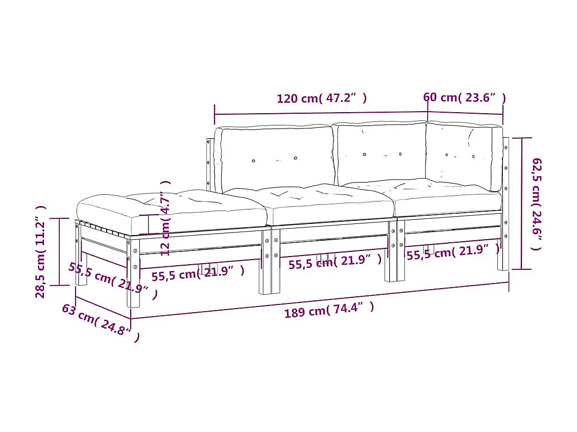 Gartensofa mit Kissen und Hocker 3-Sitzer