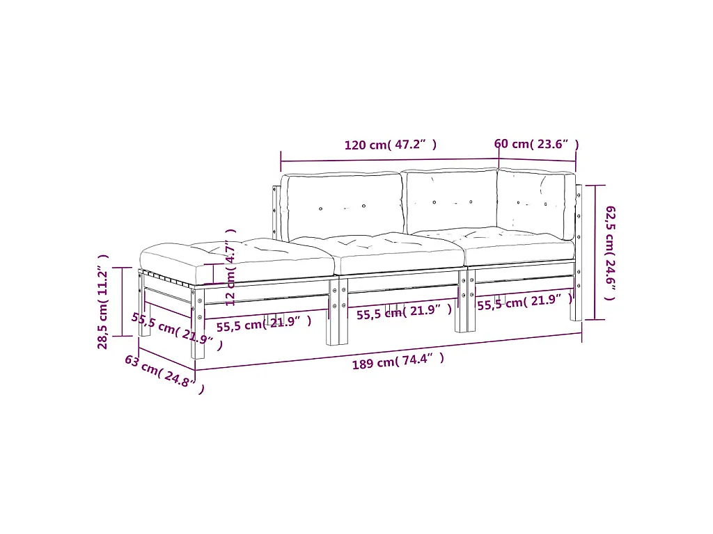 Canapé de jardin avec coussins et repose-pied 3 places